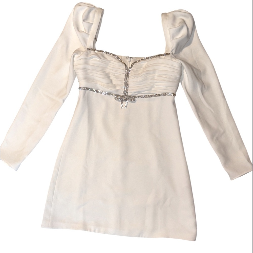Self-Portrait Diamante Bow Mini Dress Crepe Long Sleeve White US Size 4 New
